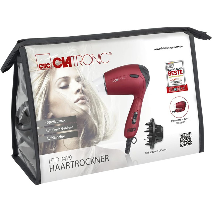 Компактний дорожній фен Clatronic HTD 3429 (1200Вт, 2 швидкості, з дифузором та сумкою, 110/230В) — Червоний