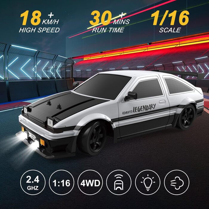 RC Drift Car Mostop 1:16 2.4Ghz – Радіокерована модель для дрифту зі світлодіодами, розпилювачем, 2 акумуляторами та додатковими шинами, швидкість 18 км/год, 4WD для дітей та хобі