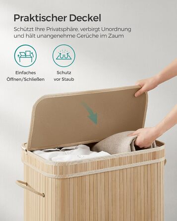 Кошик для білизни SONGMICS з кришкою, 100 л, бамбук, знімний мішок, ручки, натуральний бежевий