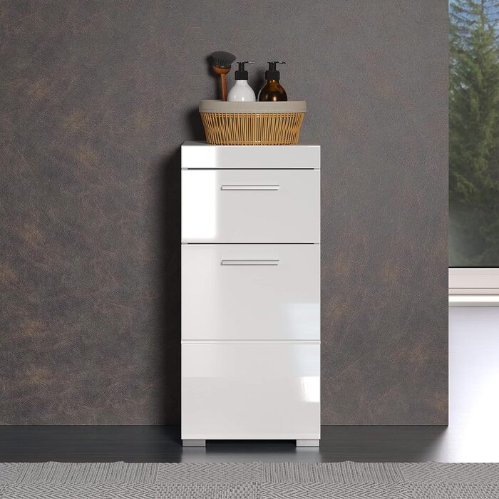 Комод для ванної Trendteam Amanda, білий глянцевий, 37x79x31 см, з 1 дверцятами і 1 шухлядою, універсальний, сріблясті ручки