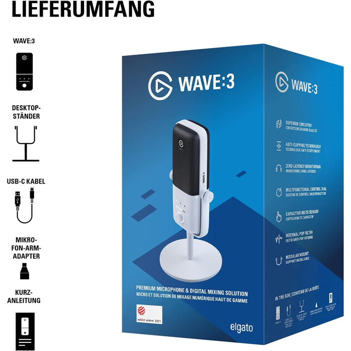 Elgato Wave:3 Білий – професійний USB конденсаторний мікрофон для стрімінгу, подкастів, геймінгу та домашнього офісу, з безкоштовним мікшуванням, ефектами, захистом від спотворень, Plug & Play, для Mac/PC