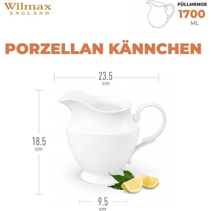 Порцеляновий глечик Wilmax 1,6 л білий для води, соку, молока та вина, підходить для холодних і гарячих напоїв, придатний для посудомийки
