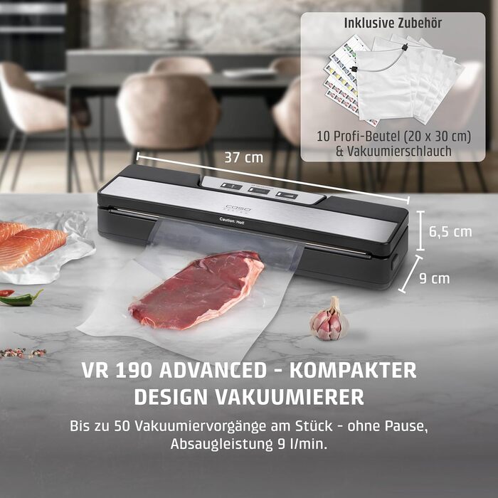 Вакууматор CASO VR 190 advanced — професійний вакуумний пакувальник з широким швом 2,5 мм, 10 пакетів у комплекті