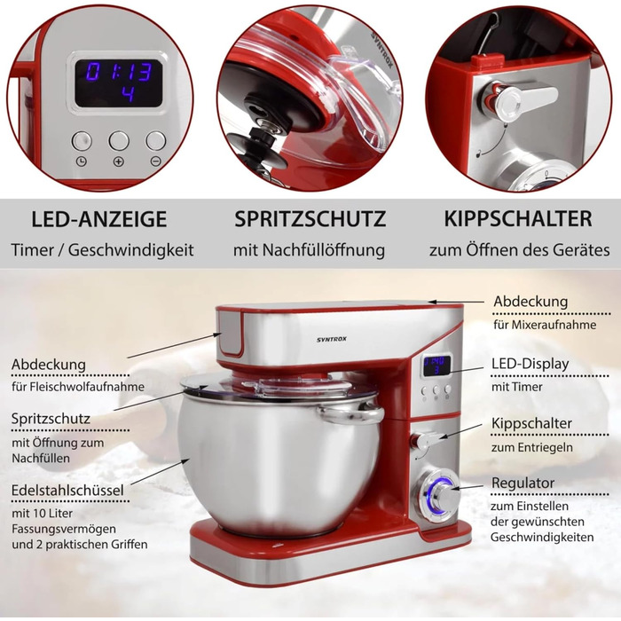 Кухонна машина Syntrox Ziglus 10 л, 2000 Вт, м’ясорубка, багатофункціональна, нержавіюча сталь, червона