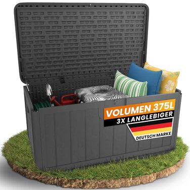 Водонепроникний садовий ящик Gartenbox 375L чорний - велика коробка для зберігання речей на вулиці, для подушок, садових меблів, посилок