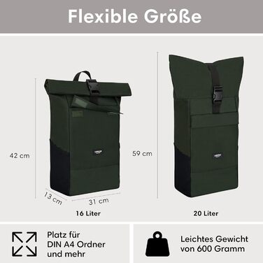 Рюкзак LARKSON Rolltop для жінок і чоловіків, водостійкий, з відділенням для ноутбука, для університету, роботи, подорожей і велосипеда, темно-зелений, універсальний розмір
