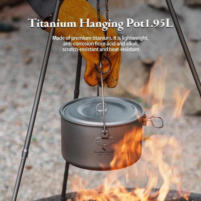 iBasingo 2.9L Титановий похідний казанок Titan з великою ємністю, туристична посудина для приготування їжі, легкий набір для кемпінгу, посуд для приготування їжі з складною ручкою, кухонні аксесуари для 1-3 осіб Ti2045C