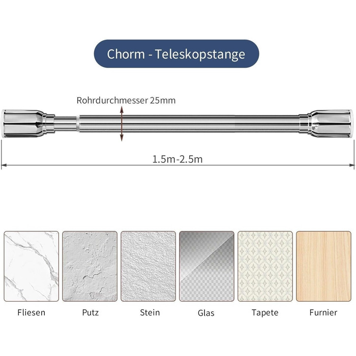 Телескопічний душовий карниз SLIM, хром, 150-250 см, без свердління