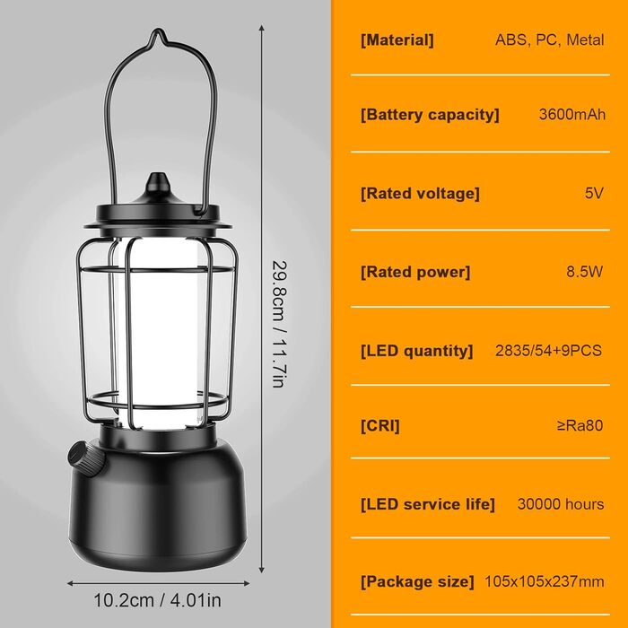 Ретро LED кемпінговий ліхтар Diealles Shine, акумулятор 3600 мА·год, USB-C, 900 люменів, димер, для вулиці, аварій та декору
