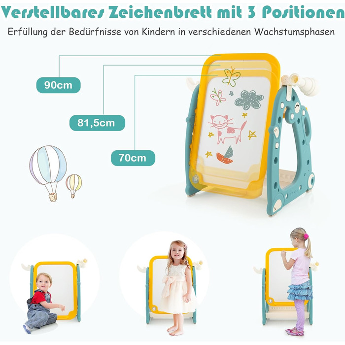 GOPLUS 4-в-1 дитяча мольберт-стіл зі стільцем, магнітна дошка для малювання, з місцем для зберігання, телескопом і кільцебросом, регульована по висоті для дітей 1-8 років