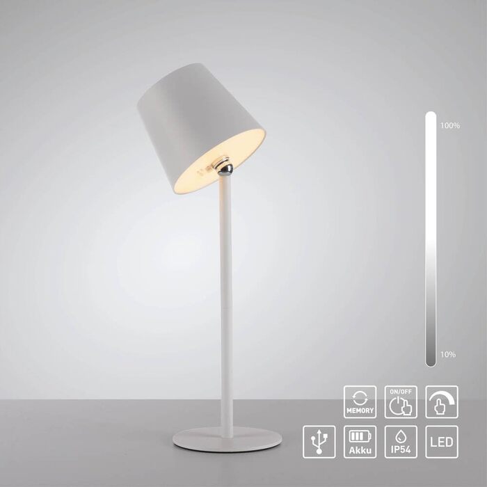 LED настільна лампа SellTec на акумуляторі, USB, біла, диммувана, IP54 для саду, кемпінгу, балкону або тераси