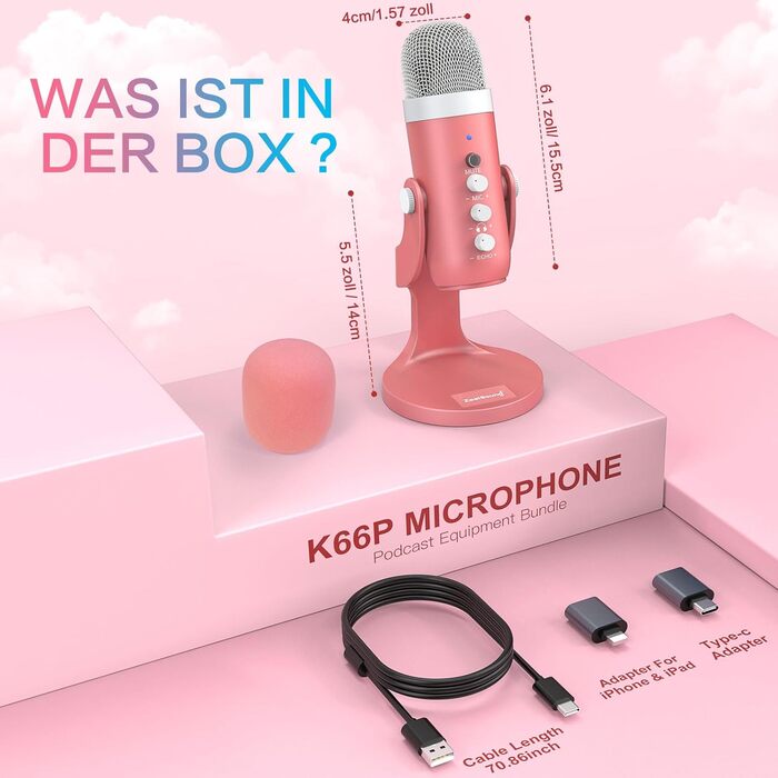 Zealsound USB мікрофон K66 для ігор, запису, стрімінгу, ASMR, подкастів, TikTok, YouTube, Twitch, з шумозаглушенням, моніторингом та кнопкою вимкнення звуку, для iPhone, смартфонів, ПК, PS4/5, рожевий