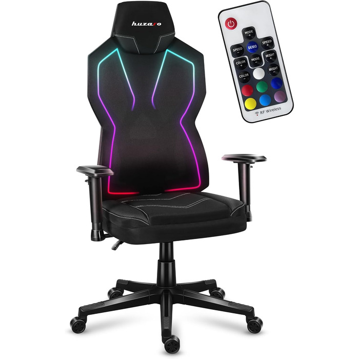 Ігрове крісло Huzaro Combat 6.2 Black RGB з LED підсвіткою, тканинне, чорне, регульована спинка, підлокітники та висота сидіння, для геймерів та офісу, витримує до 140 кг