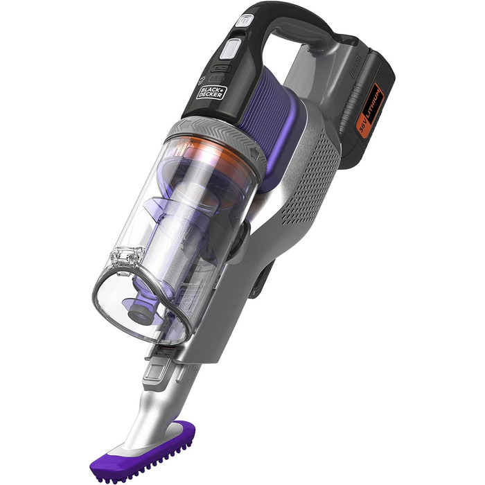 Акумуляторний пилосос BLACK+DECKER 4в1 для дому та тварин, 36В, 2.0А·год, без мішка, з електрощіткою для шерсті, 2в1 щілинна насадка, настінне кріплення, сріблясто-фіолетовий