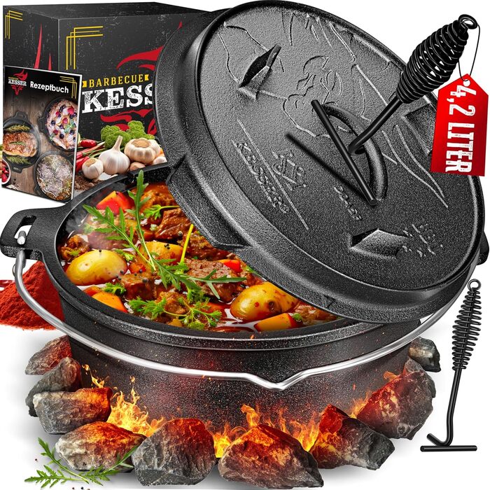 Набір голландських казанів KESSER® для приготування на грилі та в духовці, 4.2 л, чавун, з кришкою та термометром, чорний