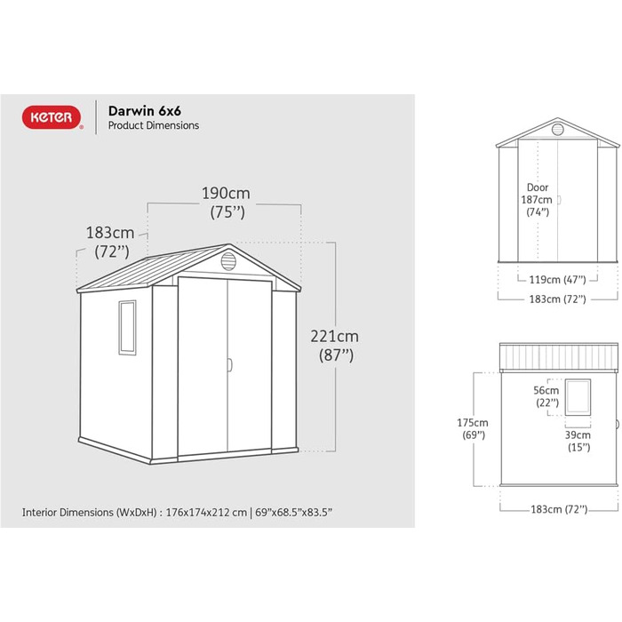 Садовий будиночок KETER Darwin 2,8 м² сірий (6x6) з Evotech пластику, з дверима та вентиляцією, 25x184x205 см
