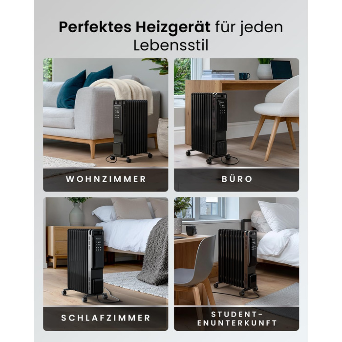 Електричний масляний радіатор Pro Breeze 2500Вт, 11 секцій, смарт-обігрів з термостатом, таймером на 24г та сенсорним дисплеєм, чорний
