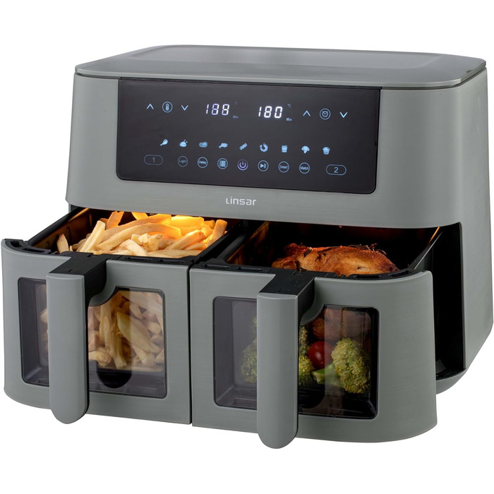 Linsar Dual Zone аерофритюрниця з двома камерами, 8 л, 2 кошики зі скляним вікном, сенсорне управління, 9 програм, Dual Cook, синхронізація, 2570-3040 Вт, чорна