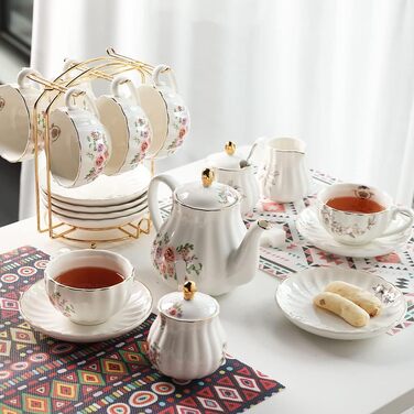 Чайний сервіс Sweejar Home Porzellan British Royal, 6 персон, з чайником, цукорницею, ложками та ситечком, для High Tea (FloralD)