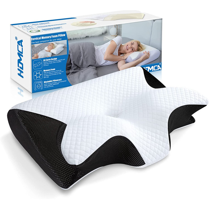 Ортопедична подушка HOMCA 2 в 1 з Memory Foam для сну на спині, боці та животі, 60x40x12/14 см, чорна