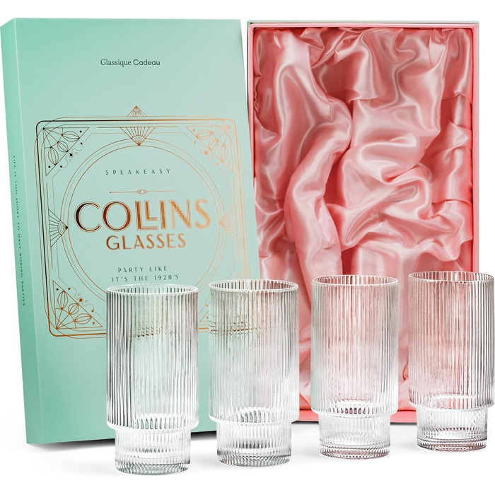 Набір склянок для коктейлів GLASSIQUE CADEAU Art Deco 400 мл, 4 шт. – вінтажні рифлені високі склянки для джин-тоніку, лонгдринків, мохіто