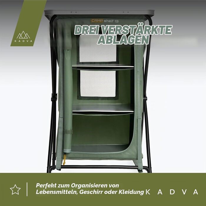 Кемпінгова шафа KADVA Camping CAMPShelf 13, полиця для відпочинку на природі, 50x60x98 см, поліестер, зелена