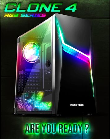 Корпус для ПК Spirit of Gamer Clone 4 RGB, прозора стінка із загартованого скла, для ігрового комп'ютера, середній Tower, сумісний з ATX/MATX/ITX, 2 адресовані вентилятори 120 мм у комплекті