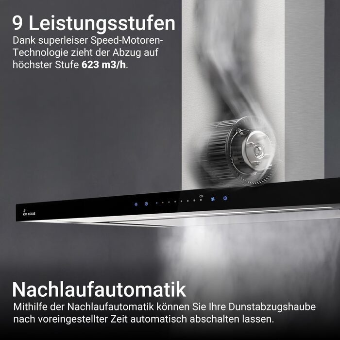 Витяжка для кухні KKT KOLBE FLAT6006ED (90 см), настінна, нержавіюча сталь та чорне скло, з WLAN, сенсорним керуванням та режимами відведення/рециркуляції