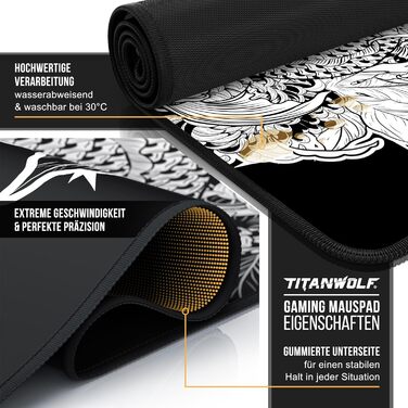 Килимок для миші TITANWOLF XXL 1000x600mm з мотивом Koi Tattoo – великий килимок для геймінгу, покращена точність та швидкість