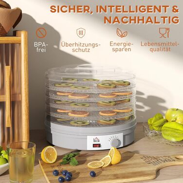 Сушарка для продуктів HOMCOM 245W, 5 лотків, 35-70°C, для фруктів, овочів, м'яса, квітів, без BPA