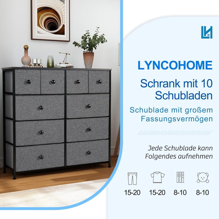 LYNCOHOME комод із 10 тканинних шухляд, органайзер для кухні, офісу, коридору, тумба під ТВ, сірий