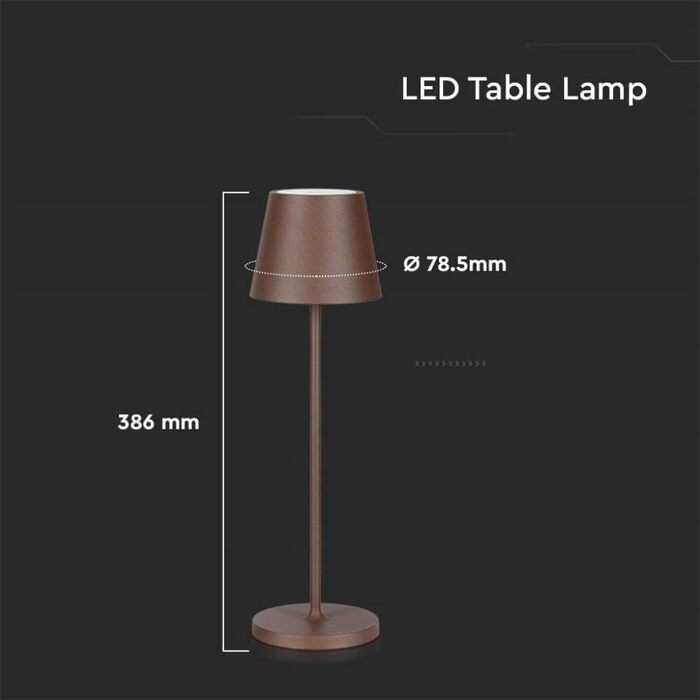 Настільна LED-лампа V-TAC з димером, сенсорним керуванням, акумуляторна, IP54, тепле біле світло 3000K, для дому та вулиці, 4400 мАг, коричнева