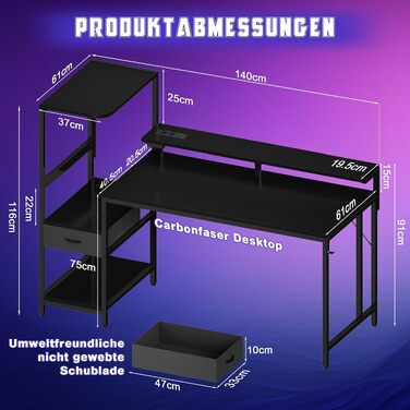 Ігровий стіл JUMMICO 140x60 см з розеткою, LED-підсвіткою та вуглецевим покриттям, обертовий комп'ютерний стіл з підставкою під монітор, шухлядами та підставкою для навушників, чорний