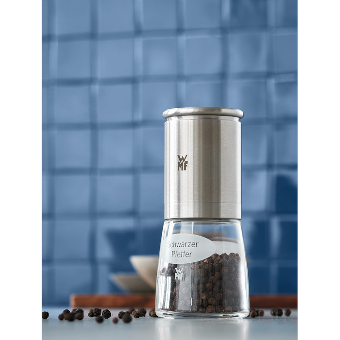 Перцемолка WMF De Luxe 14 см, нержавіюча сталь Cromargan, керамічний механізм, скляний контейнер