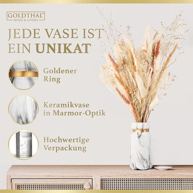 Преміум керамічна ваза Goldthal у стилі бохо, біла з мармуровим ефектом, для квітів, сухоцвітів, пампасної трави, H22 см, з золотим кільцем, сучасний декор