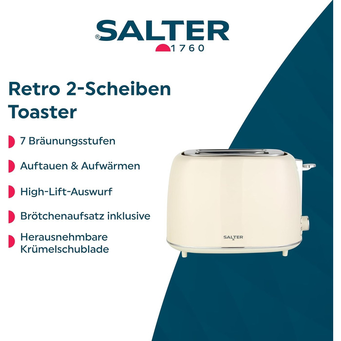 Тостер Salter Retro Creme на 2 тости - 7 режимів підсмажування, розморожування, підігрів, зупинка, підйом тостів, знімний піддон для крихт, автоматичне центрування, тримач для булочок, захист від застрягання, 930 Вт
