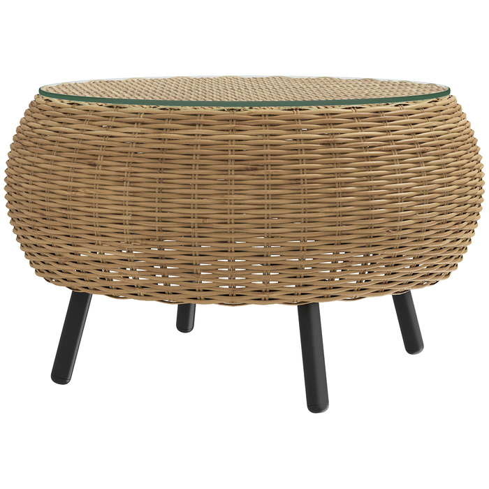 Outsunny Poly Rattan Бічний столик Круглий журнальний столик Журнальний столик зі скляною стільницею Балконний стіл Садовий стіл Диванний стіл Чайний столик Ротанговий стіл для саду Патіо Балкон, Ø75 x 42 см Коричневий