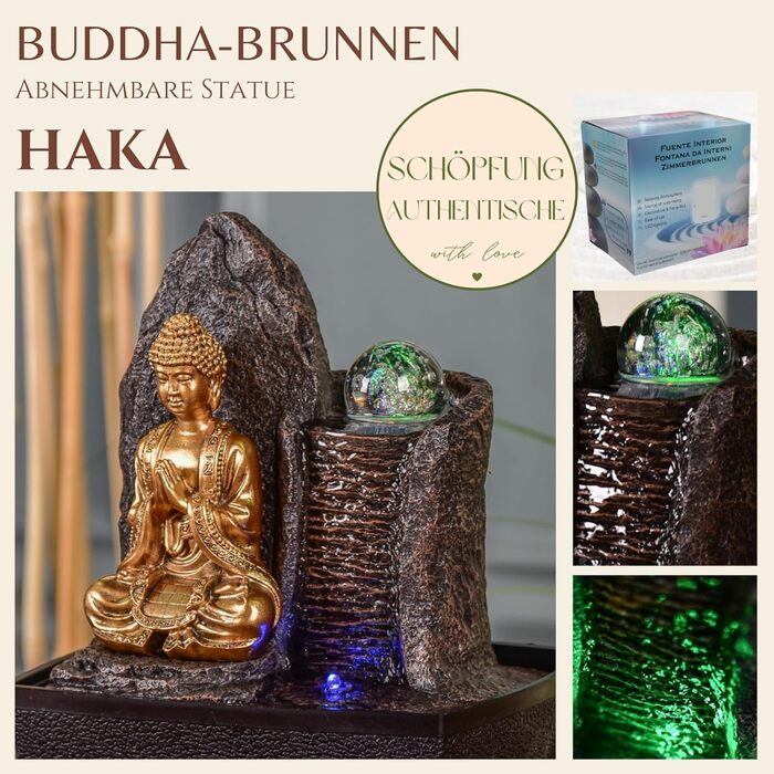 Джерело води Zen'Light від Zimmerbrunnen: Будда, LED-підсвітка, для медитації та релаксації. Декор у стилі фен-шуй, висота 26 см, горіх (Haka)