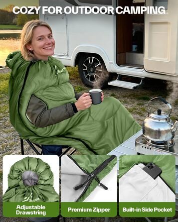 Спальний мішок Sportneer Outdoor у формі ковдри 220×85 см, з отворами для рук, 1.5 кг (Зелений, температурний режим 10-26 °C)