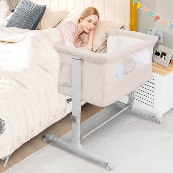 Дитяче ліжко-гойдалка Dreamade 2 в 1 з регулюванням висоти, 86 x 63 см, для новонароджених до 9 кг, з матрацом та колесами, похил 10° (Бежевий)