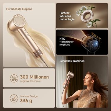 Фен DREAME Hair High-Speed: 3 насадки, регулювання температури NTC, 300 млн негативних іонів, 110 000 обертів/хв, 336 г, Gold, Glory Mix