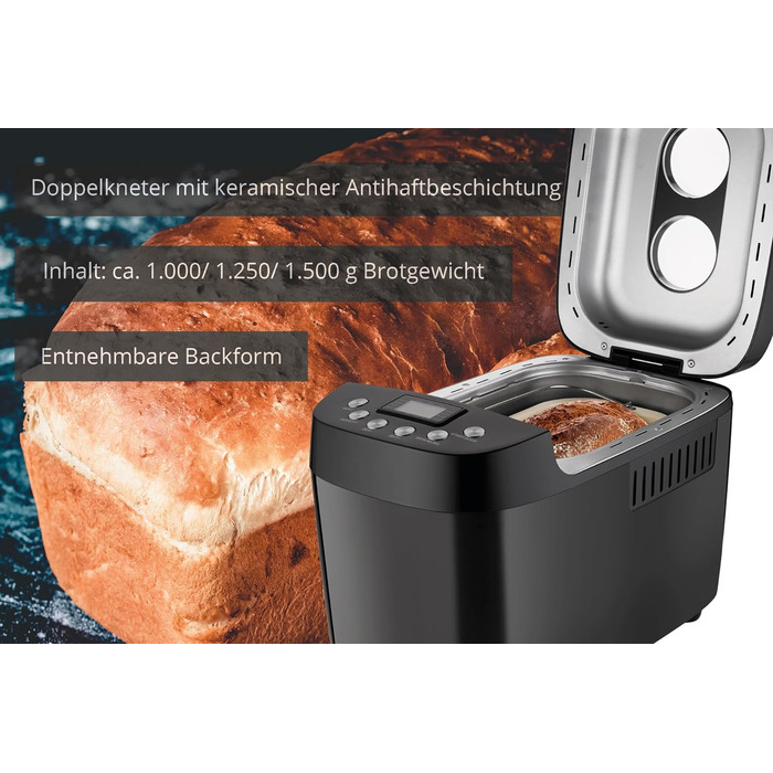Хлібопічка Unold 68525 BACKMEISTER Big Black, чорна, до 1.5 кг, 15 програм, для безглютенового хліба, таймер, підтримка тепла, LCD дисплей