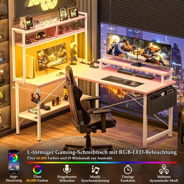 Ігровий кутовий стіл iSunirm L-подібний з LED-підсвіткою, розетками, підставкою для монітора та полицею, рожевий
