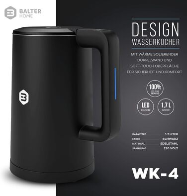 Електрочайник Balter з нержавіючої сталі, регулювання температури 40–100°C, подвійні стінки, BPA Free, 1,5 л, чорний, модель WK-11BL-LCD