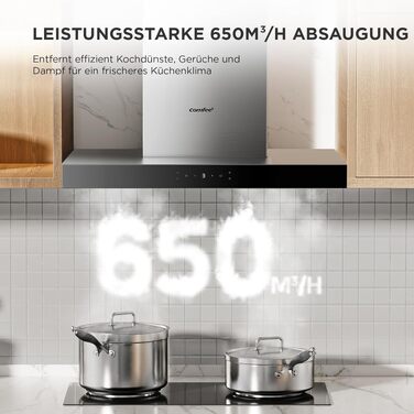 Витяжка кухонна COMFEE' CH60J72ET6A3B T-подібна 60 см, чорна, 650 м³/год, сенсорне керування та керування жестами, LED-підсвітка, клас A+++, режим рециркуляції та відведення