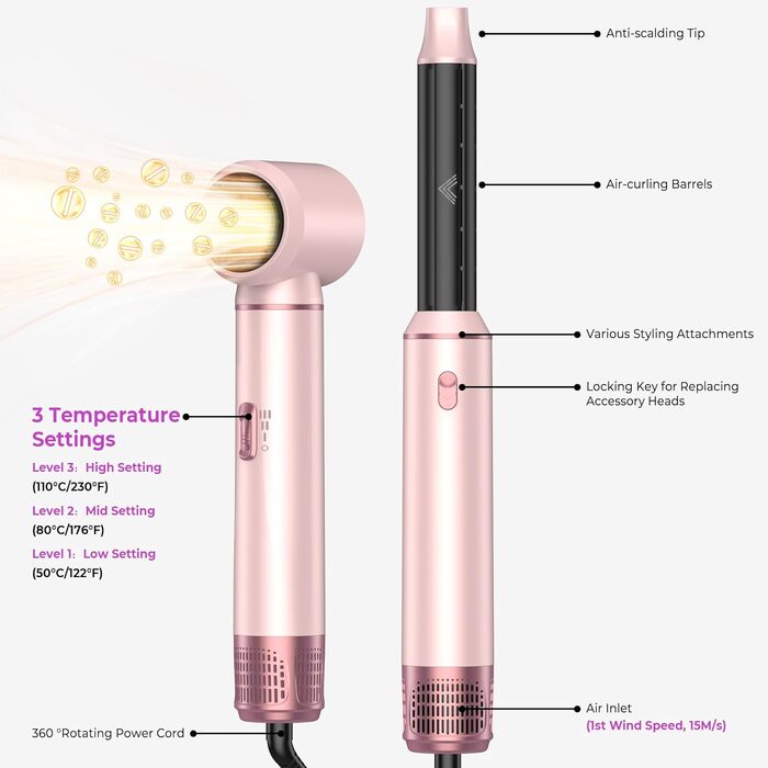 Airstyler 5 в 1: Фен-щітка для волосся з насадкою для локонів, чорно-золотий (5 в 1: Рожевий) - професійний стайлер для укладання