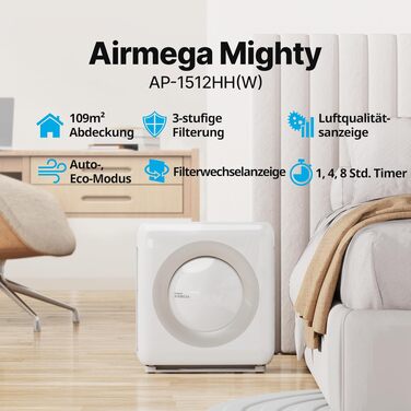 Очищувач повітря COWAY Mighty AP-1512HH з HEPA-фільтром для дому та алергіків, білий (CADR 421 м³/год, еко-режим, від пилу, шерсті та пилку)