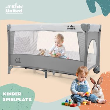 Дитяче ліжко-манеж All Kids United® для подорожей з матрацом, пеленальним столиком, музичним провідником та мобілем (сірий)