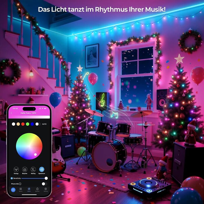 Розумна світлодіодна гірлянда YAYZA! для ялинки 20м, 200 LED RGB (16 млн кольорів), керування через App та пульт, водонепроникна IP44 для дому та вулиці