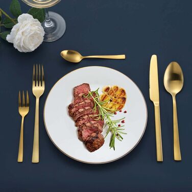 Набір столових приборів Hunnycook 60 предметів з нержавіючої сталі на 12 осіб (золотий) - виделки, ложки, ножі, поліровані, для дому, ресторану, посудомийна машина